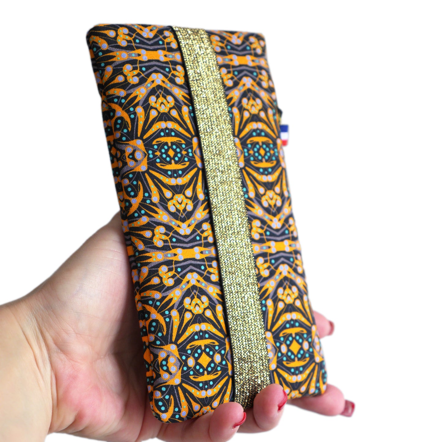 Housse universelle téléphone portable tissu motifs ethnique graphique jaune bleu noir fermeture élastique taille au choix