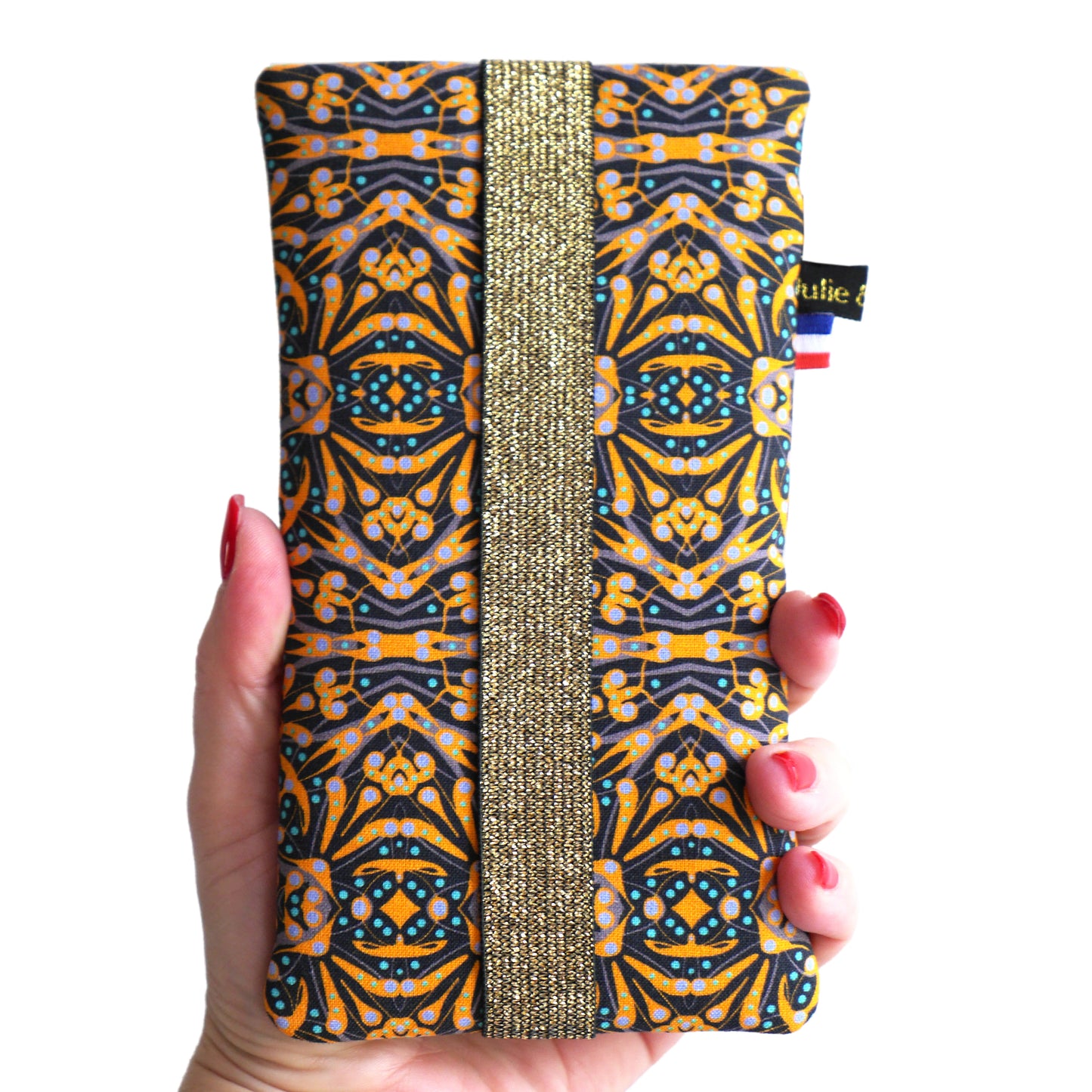 Housse universelle téléphone portable tissu motifs ethnique graphique jaune bleu noir fermeture élastique taille au choix