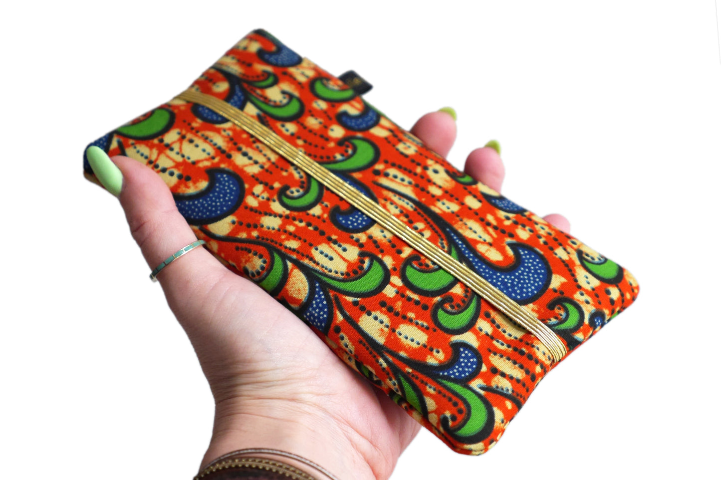 Housse iPhone 15 / 15 Pro Max, Samsung S23 / S23+ tous téléphones taille au choix tissu wax coton vagues orange bleu marine élastique or