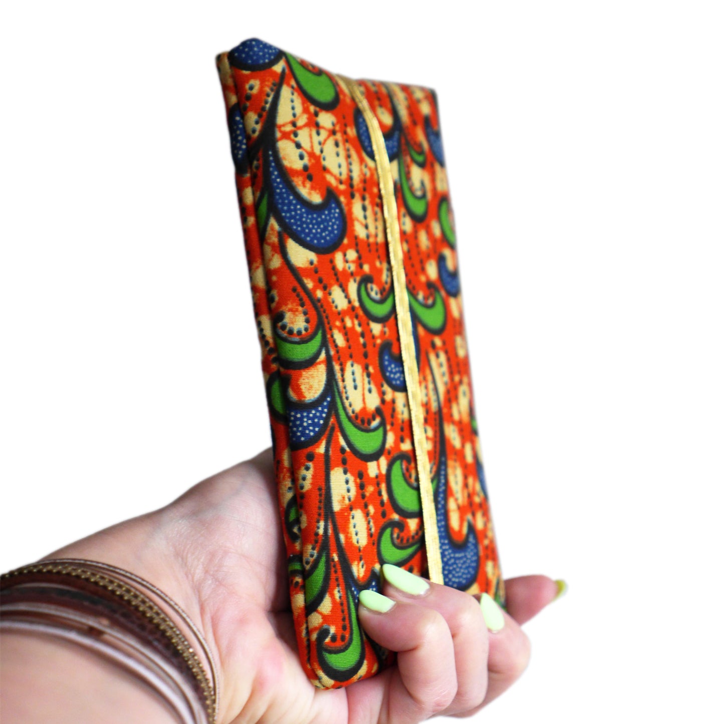 Housse iPhone 15 / 15 Pro Max, Samsung S23 / S23+ tous téléphones taille au choix tissu wax coton vagues orange bleu marine élastique or