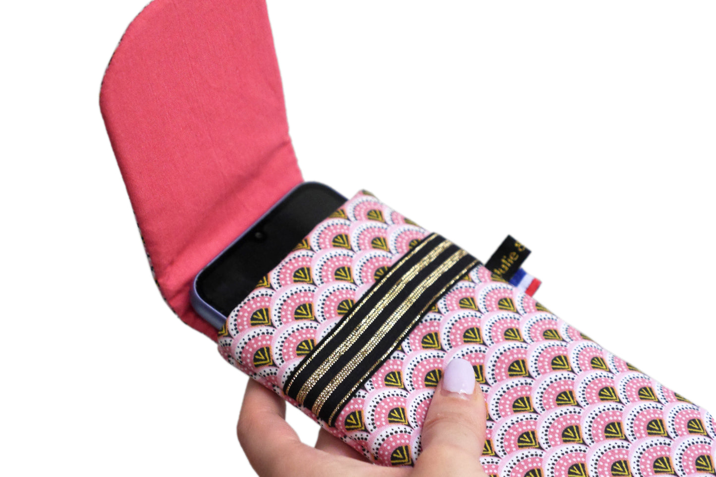 Housse rabat tous téléphones iPhone 15 Pro/15 Pro Max, Samsung S24/S24+ taille au choix tissu graphique éventails japonais roses élastique noir et or