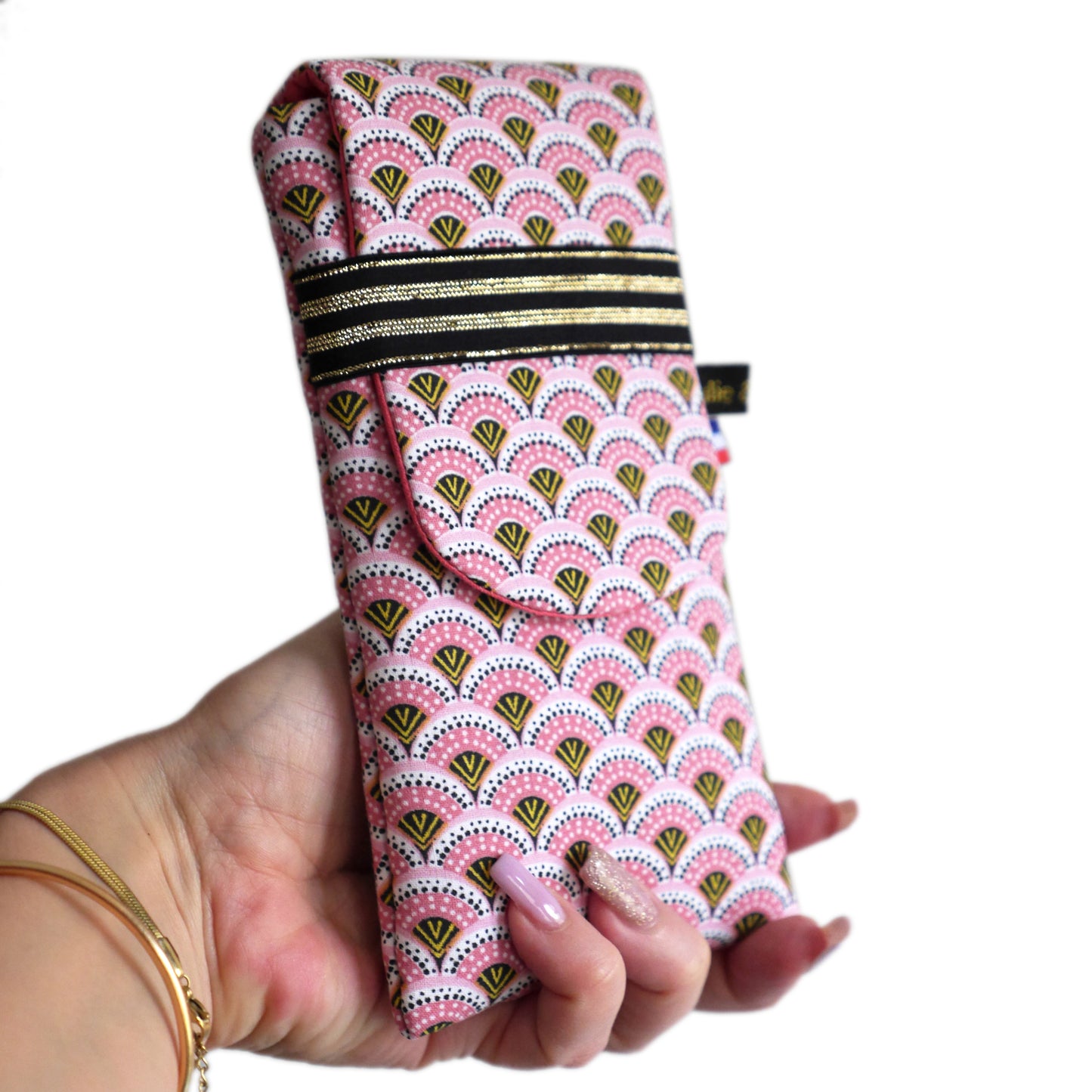 Housse rabat tous téléphones iPhone 15 Pro/15 Pro Max, Samsung S24/S24+ taille au choix tissu graphique éventails japonais roses élastique noir et or