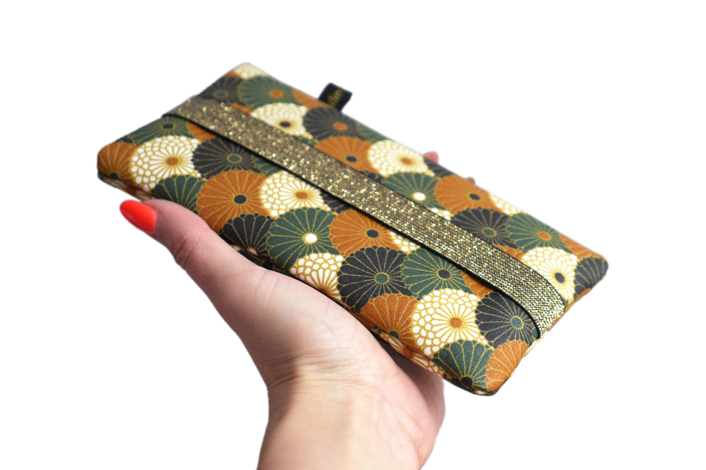 Housse chaussette imperméable tous téléphones motifs éventails fleurs bronze vert noir élastique doré