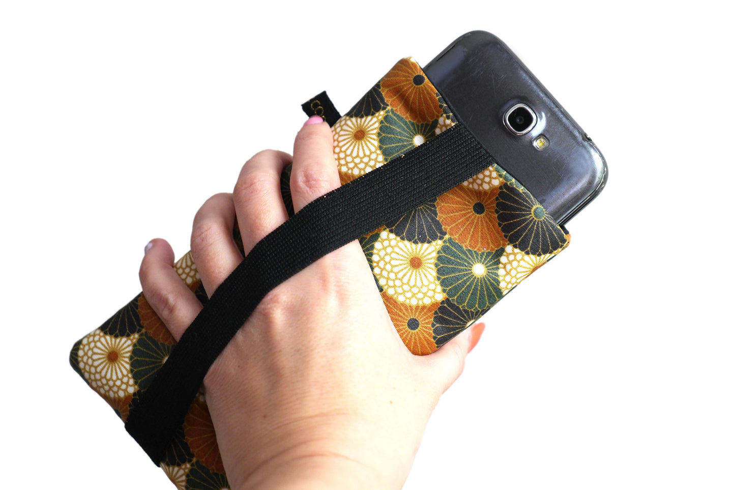 Housse chaussette imperméable tous téléphones motifs éventails fleurs bronze vert noir élastique doré
