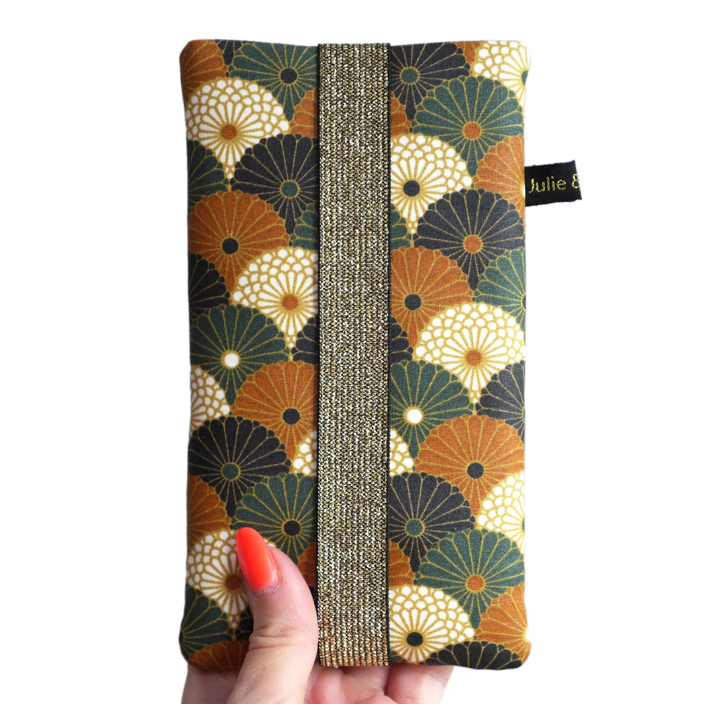 Housse chaussette imperméable tous téléphones motifs éventails fleurs bronze vert noir élastique doré