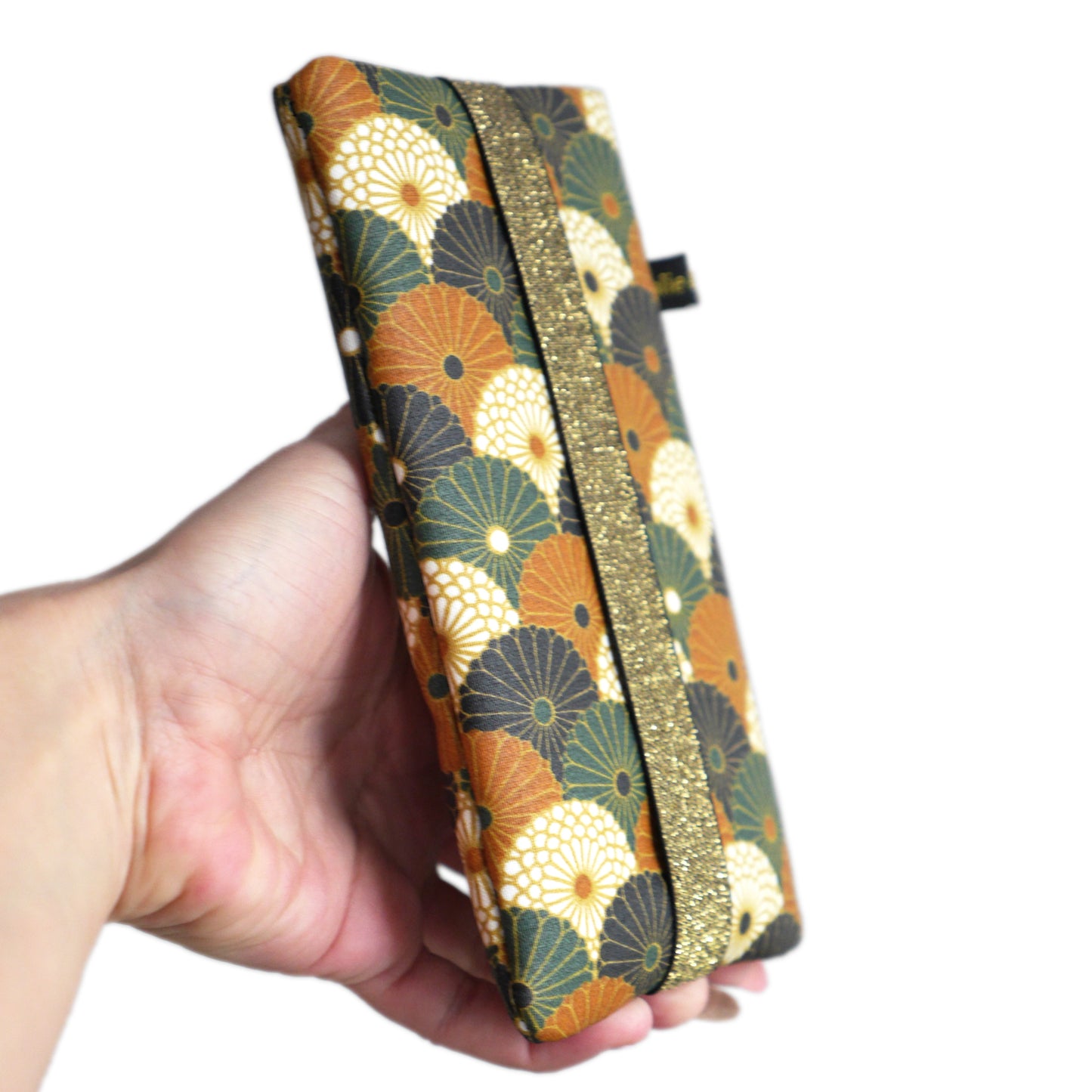Housse chaussette imperméable tous téléphones motifs éventails fleurs bronze vert noir élastique doré