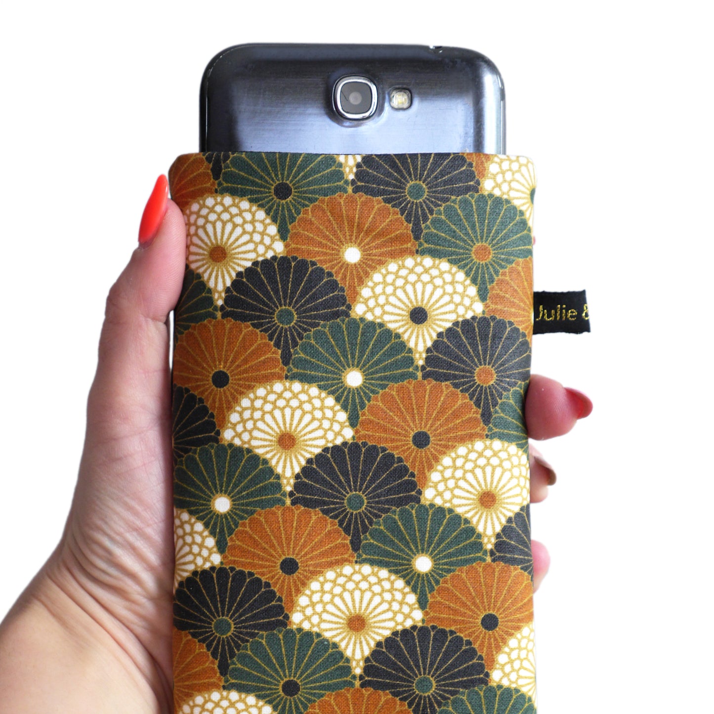 Housse chaussette imperméable tous téléphones motifs éventails fleurs bronze vert noir élastique doré