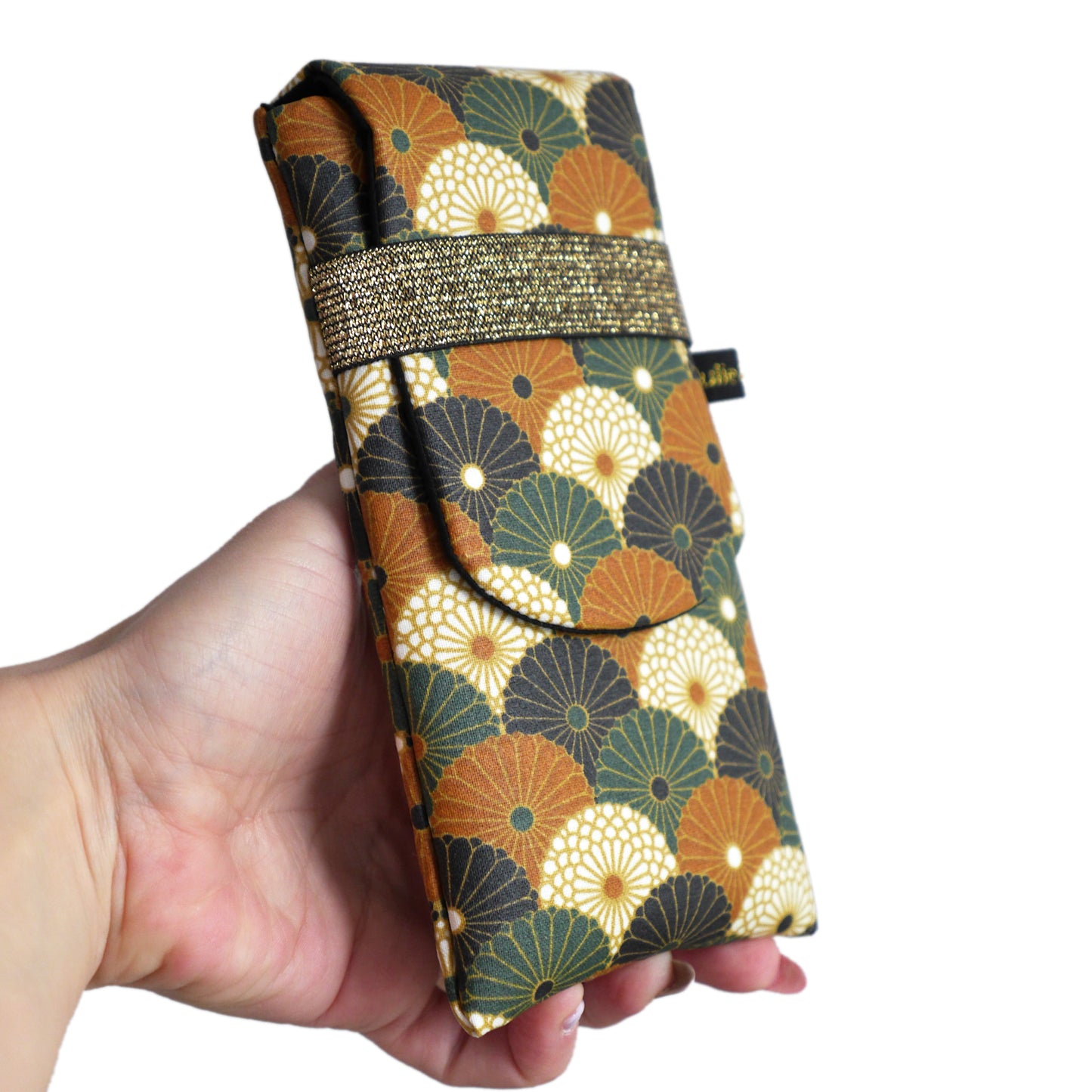Housse rabat imperméable tous téléphones motifs éventails fleurs bronze vert noir élastique doré