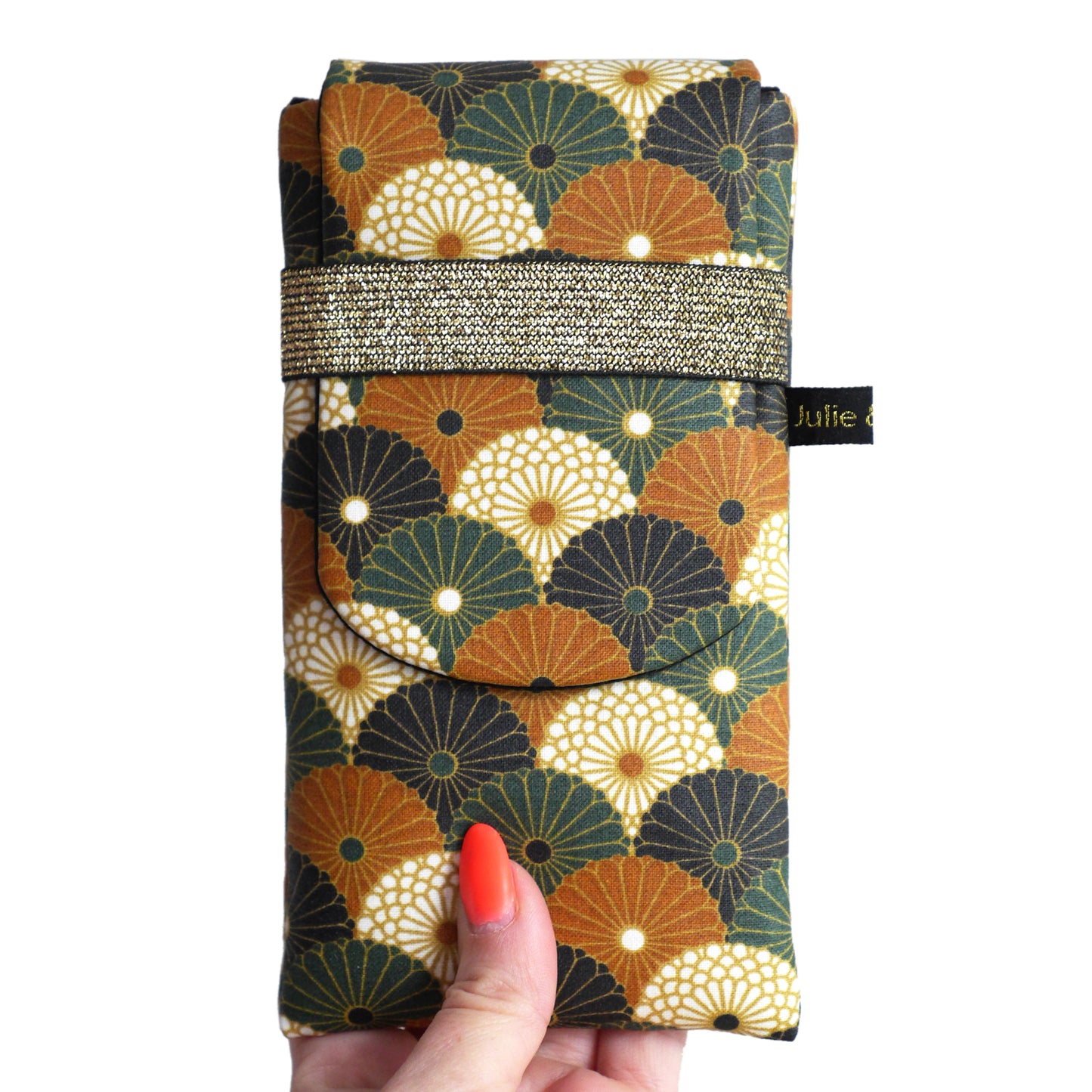 Housse rabat imperméable tous téléphones motifs éventails fleurs bronze vert noir élastique doré