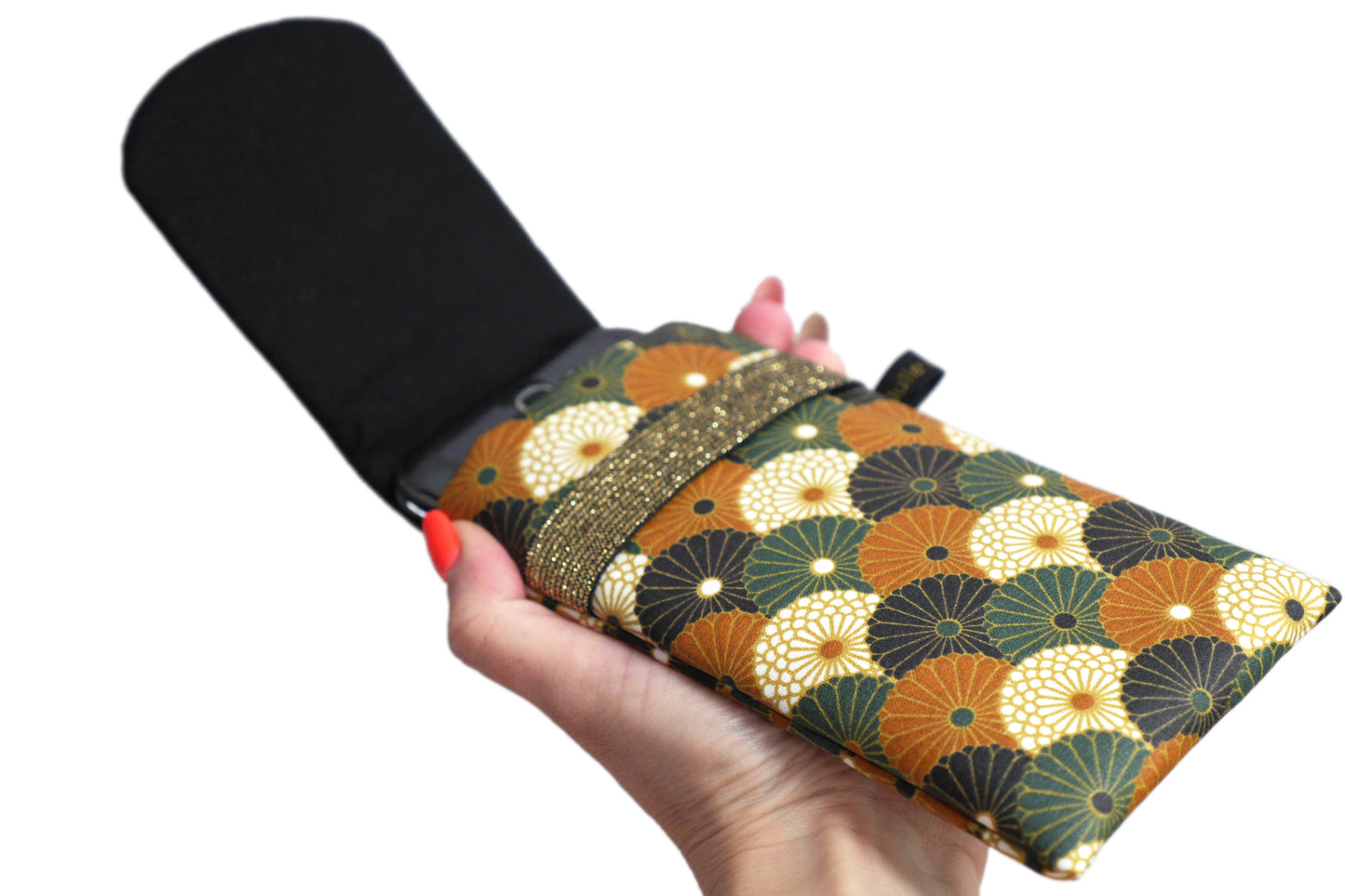Housse rabat imperméable tous téléphones motifs éventails fleurs bronze vert noir élastique doré