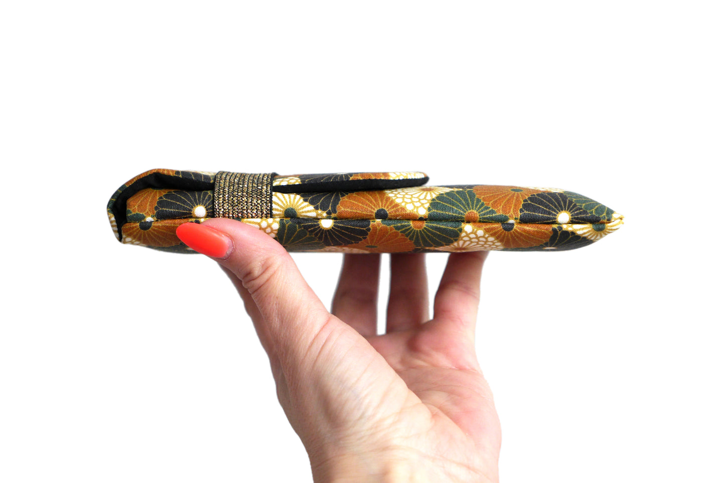 Housse rabat imperméable tous téléphones motifs éventails fleurs bronze vert noir élastique doré