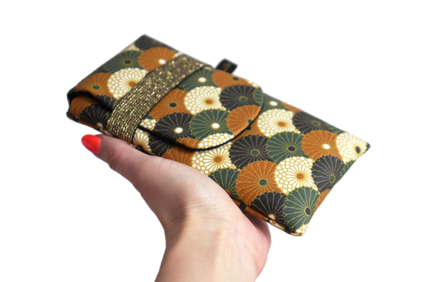 Housse rabat imperméable tous téléphones motifs éventails fleurs bronze vert noir élastique doré
