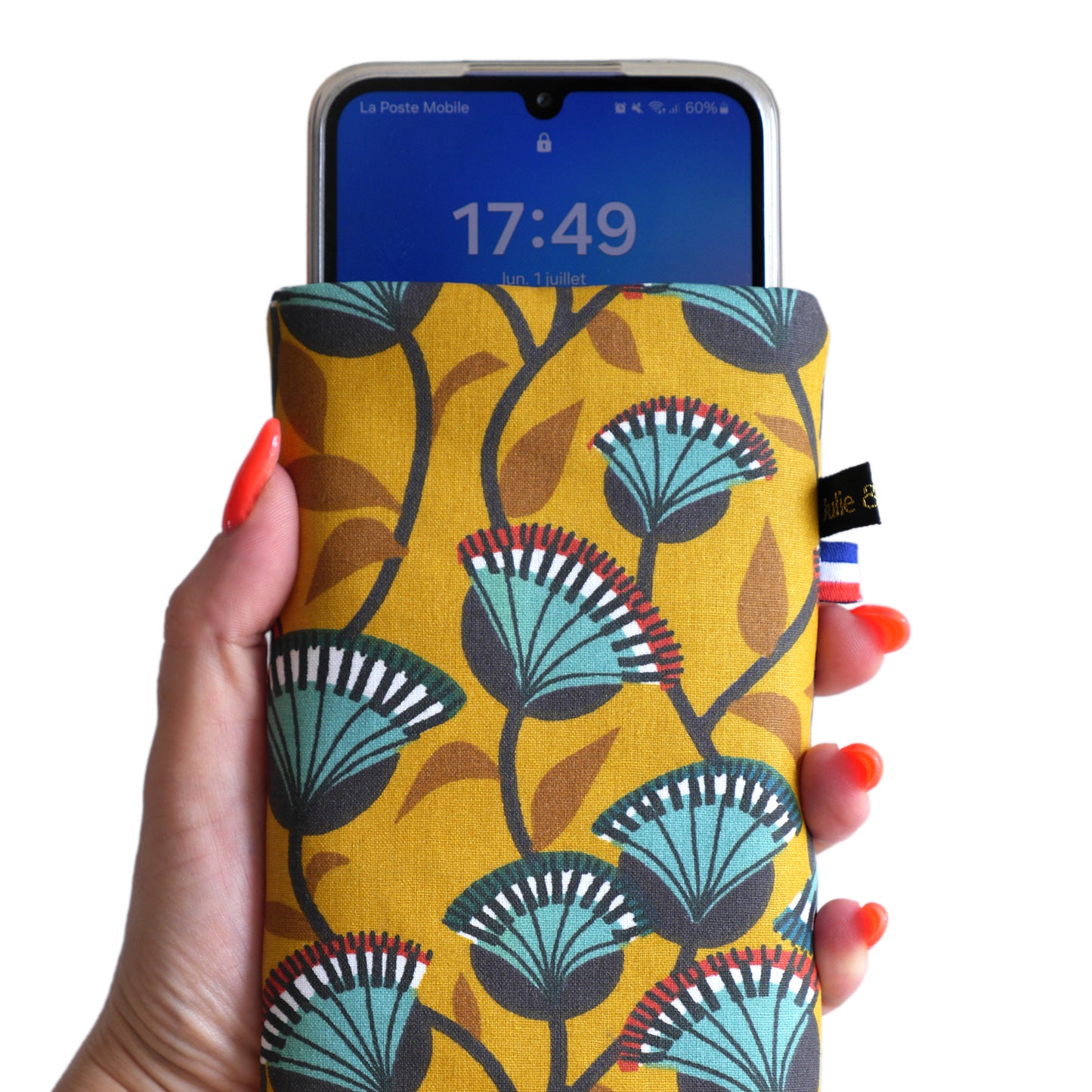 Housse tous téléphones tissu enduit imperméable rigide fleurs fond jaune taille au choix élastique doré