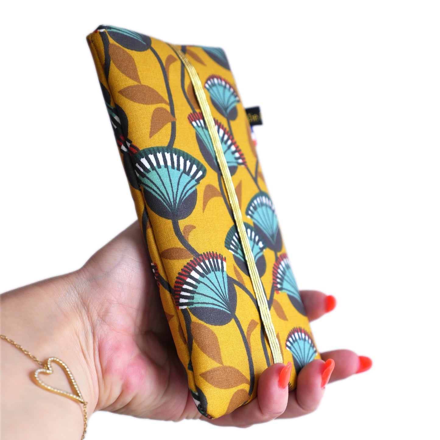 Housse tous téléphones tissu enduit imperméable rigide fleurs fond jaune taille au choix élastique doré