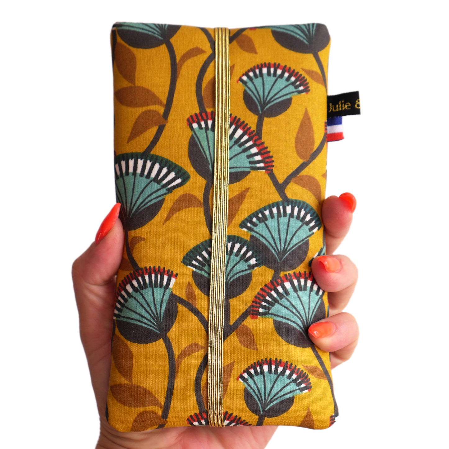 Housse tous téléphones tissu enduit imperméable rigide fleurs fond jaune taille au choix élastique doré