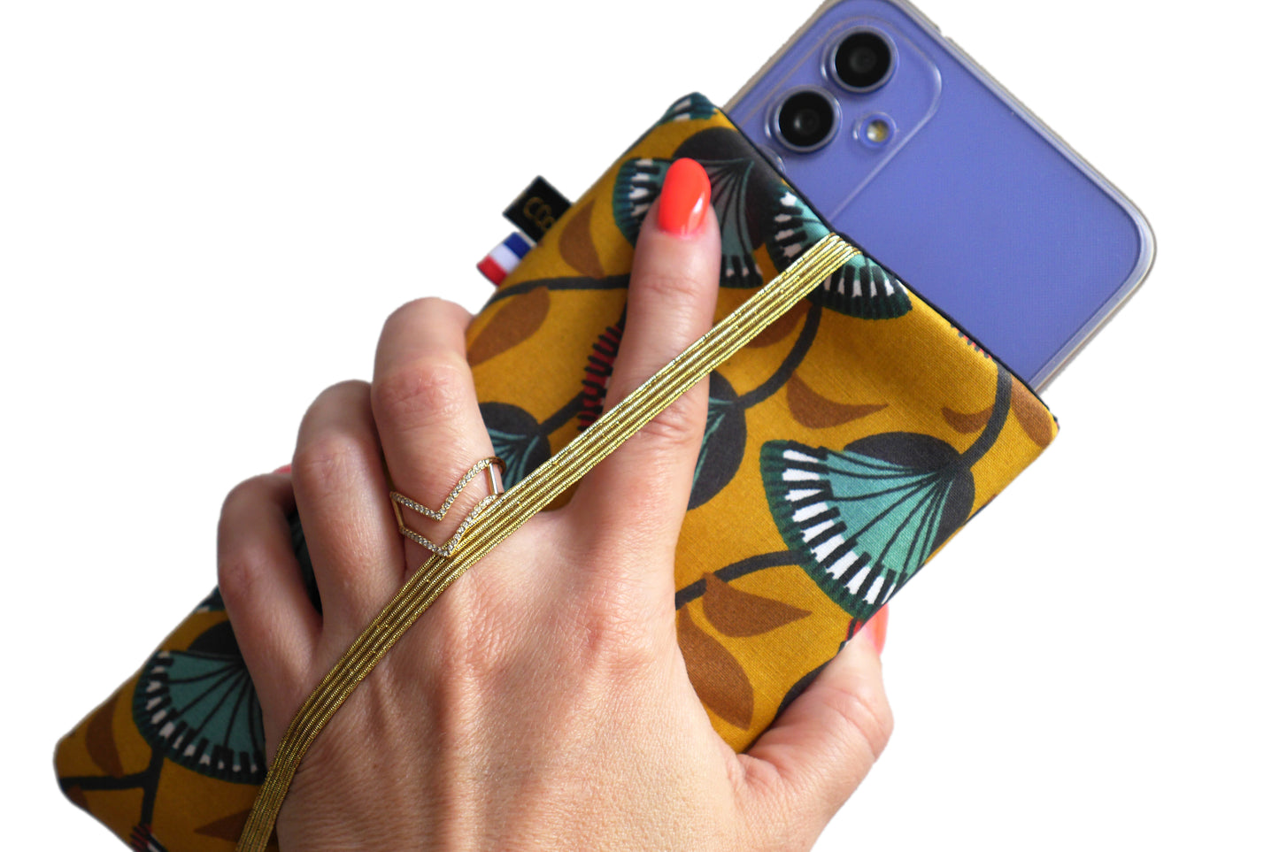 Housse tous téléphones tissu enduit imperméable rigide fleurs fond jaune taille au choix élastique doré