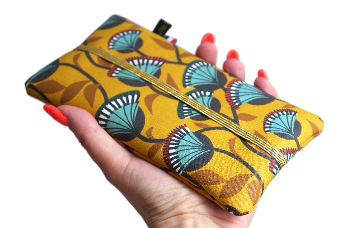 Housse tous téléphones tissu enduit imperméable rigide fleurs fond jaune taille au choix élastique doré