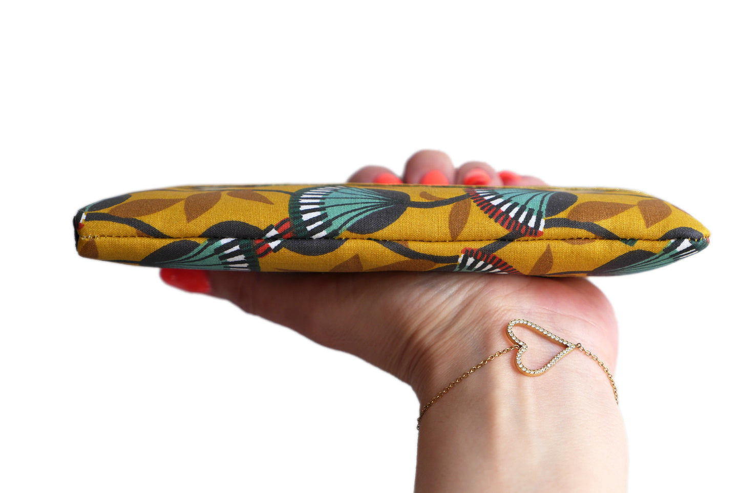 Housse tous téléphones tissu enduit imperméable rigide fleurs fond jaune taille au choix élastique doré