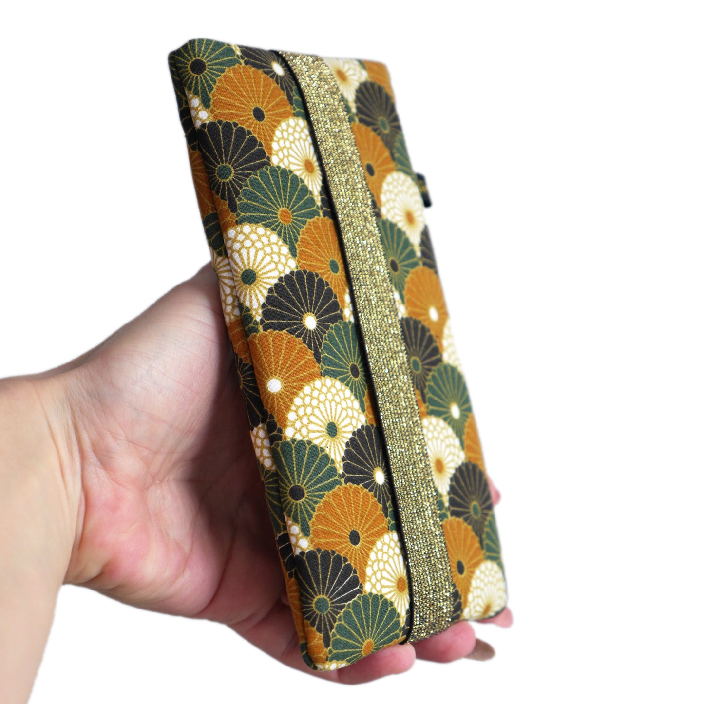 Sock cover for all phones with fan flower patterns, bronze, green, black, gold elastic
