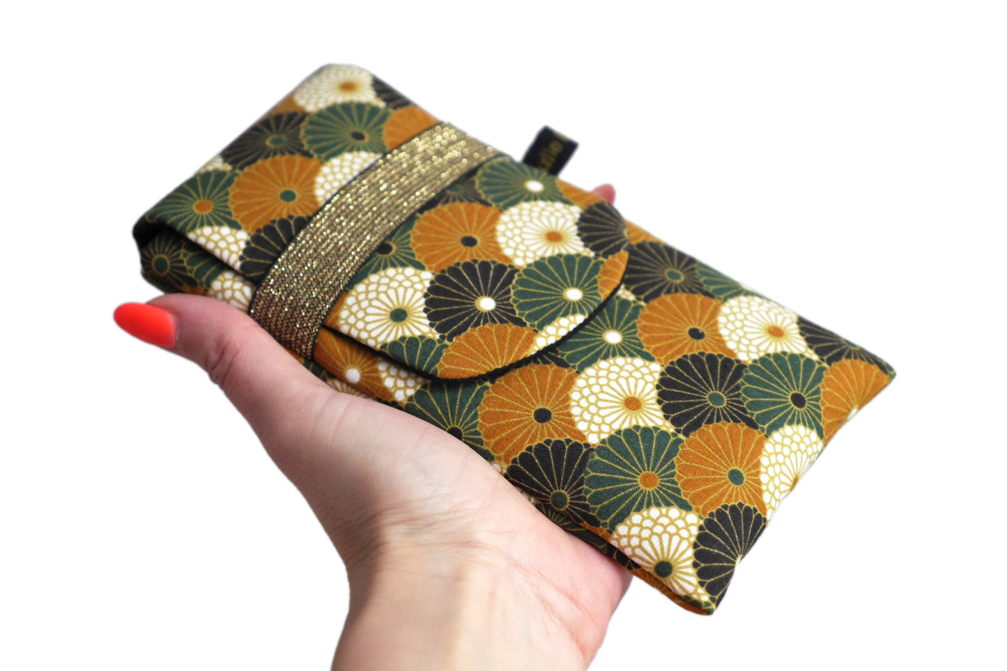 Housse rabat tous téléphones motifs éventails fleurs bronze vert noir élastique doré