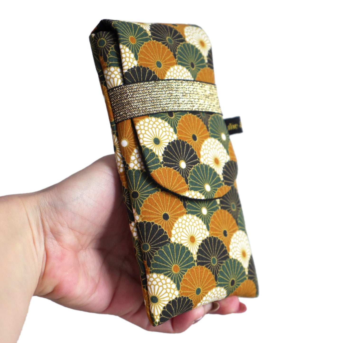Housse rabat tous téléphones motifs éventails fleurs bronze vert noir élastique doré