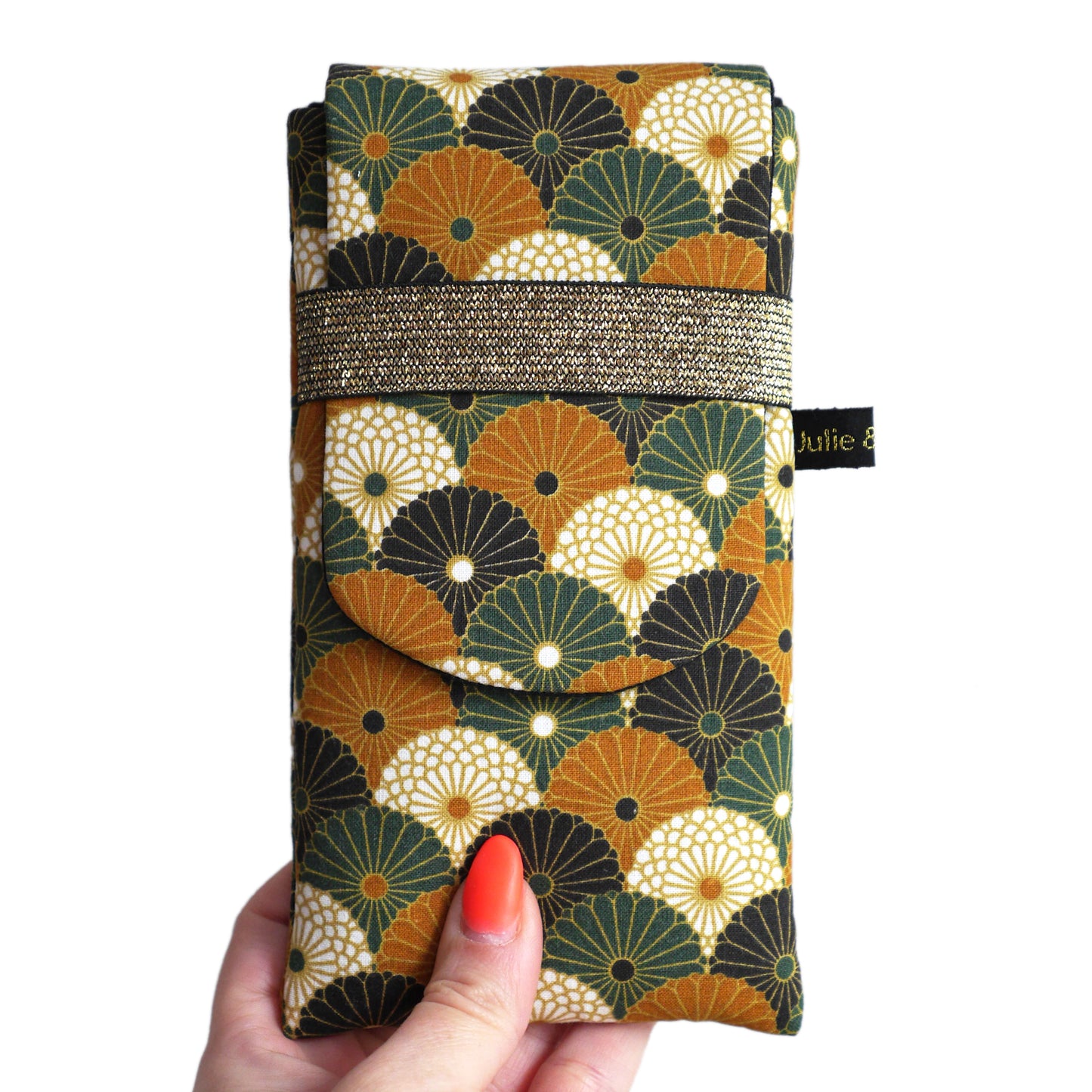 Housse rabat tous téléphones motifs éventails fleurs bronze vert noir élastique doré