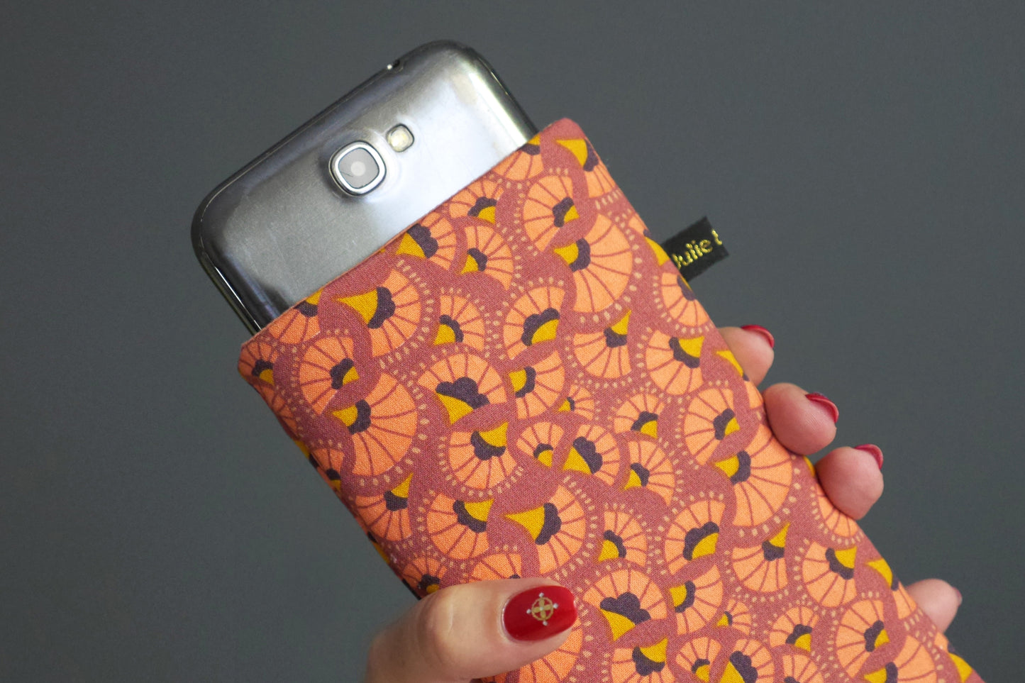 Housse téléphone tissu taille au choix éventails japonais orangé