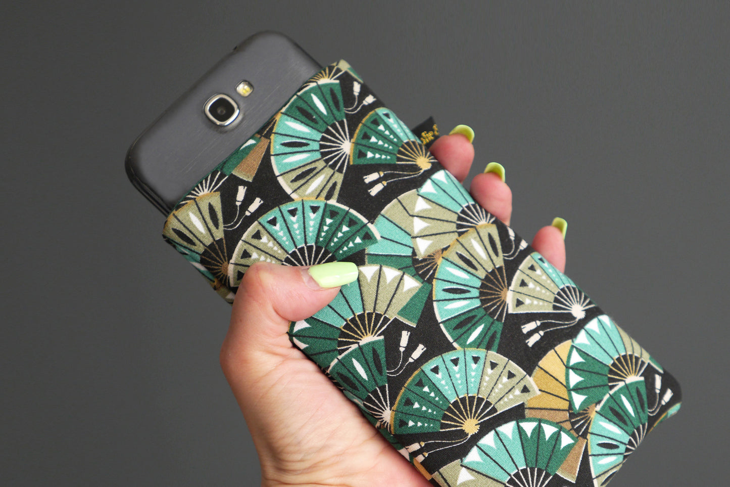Japanese fabric mobile phone case with large blue, green and black fans, size of your choice