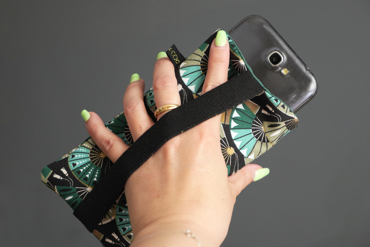 Japanese fabric mobile phone case with large blue, green and black fans, size of your choice