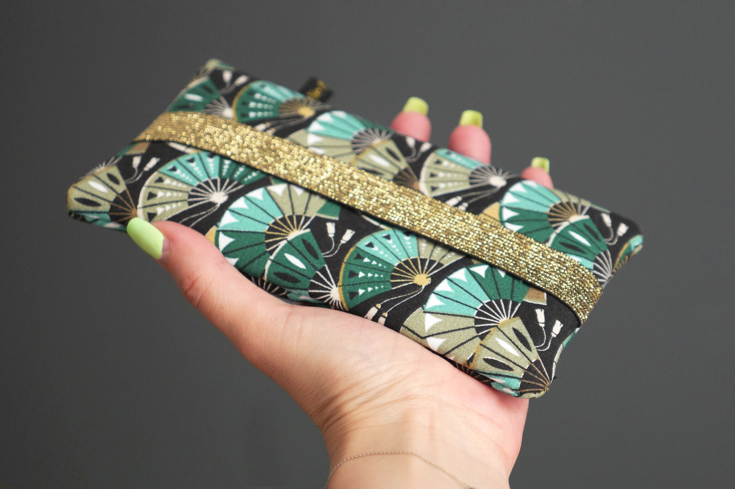 Japanese fabric mobile phone case with large blue, green and black fans, size of your choice