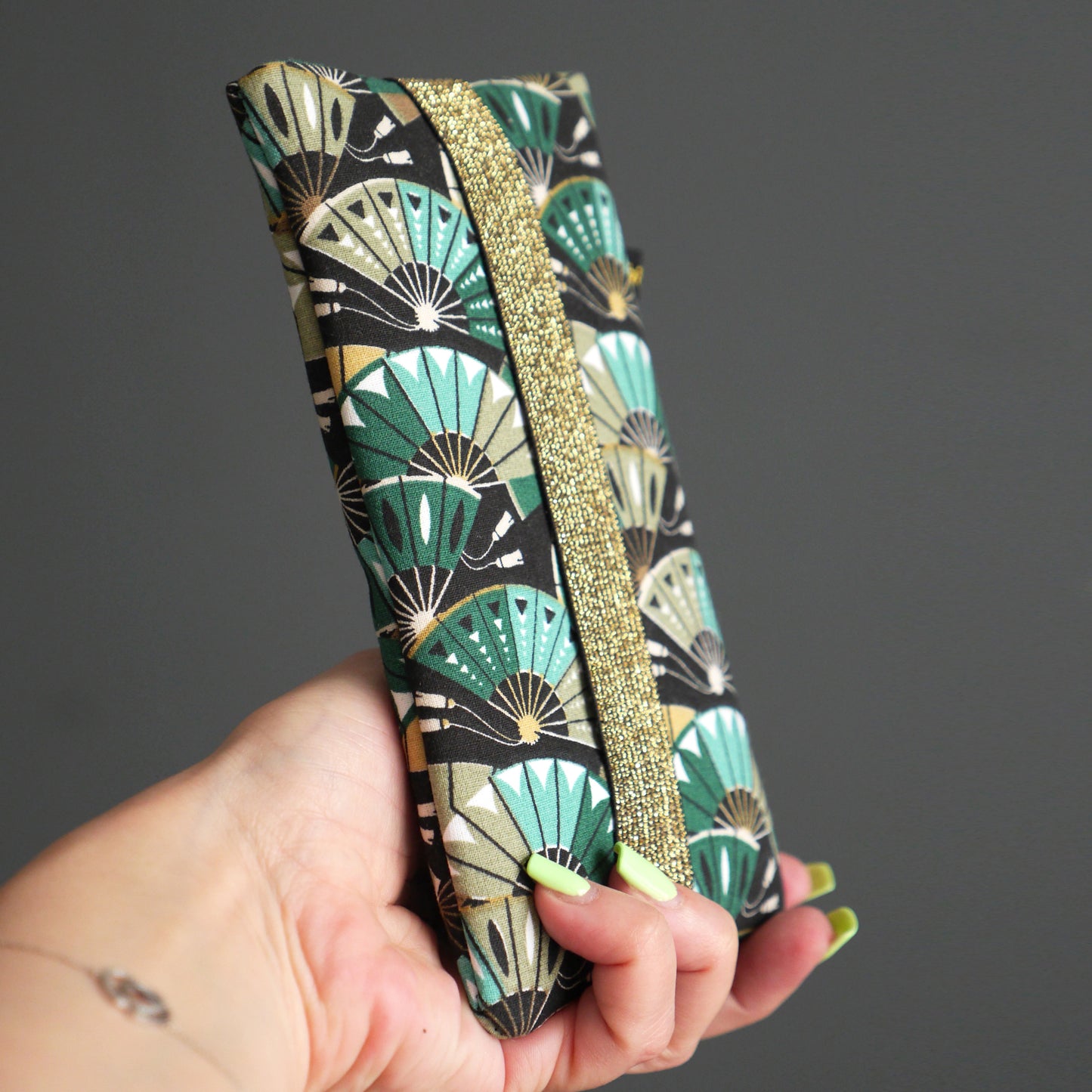 Japanese fabric mobile phone case with large blue, green and black fans, size of your choice