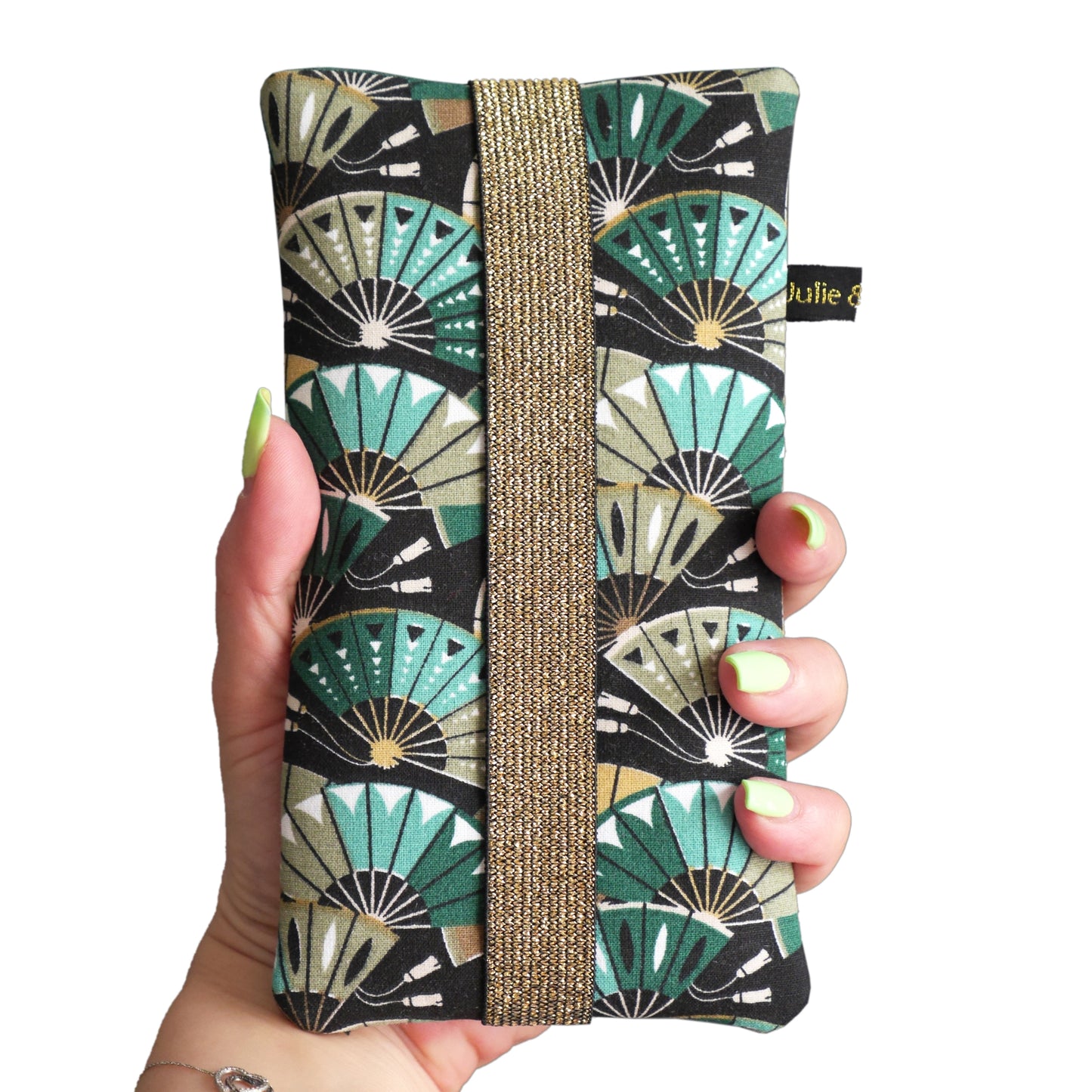 Japanese fabric mobile phone case with large blue, green and black fans, size of your choice