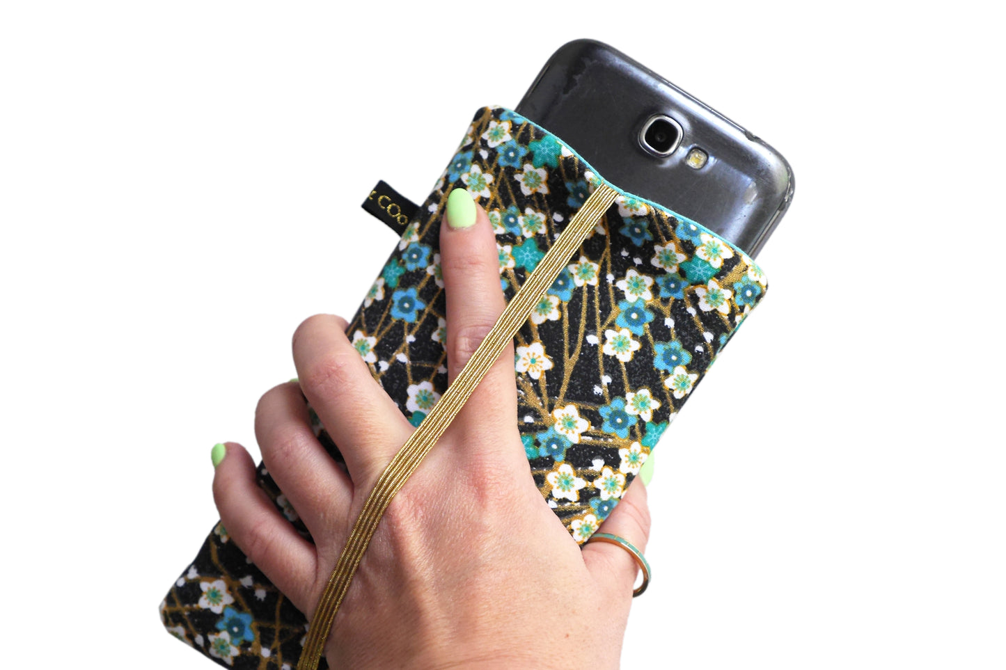 Housse tous téléphones taille au choix tissu fleurs de cerisier bleu émeraude et doré élastique or