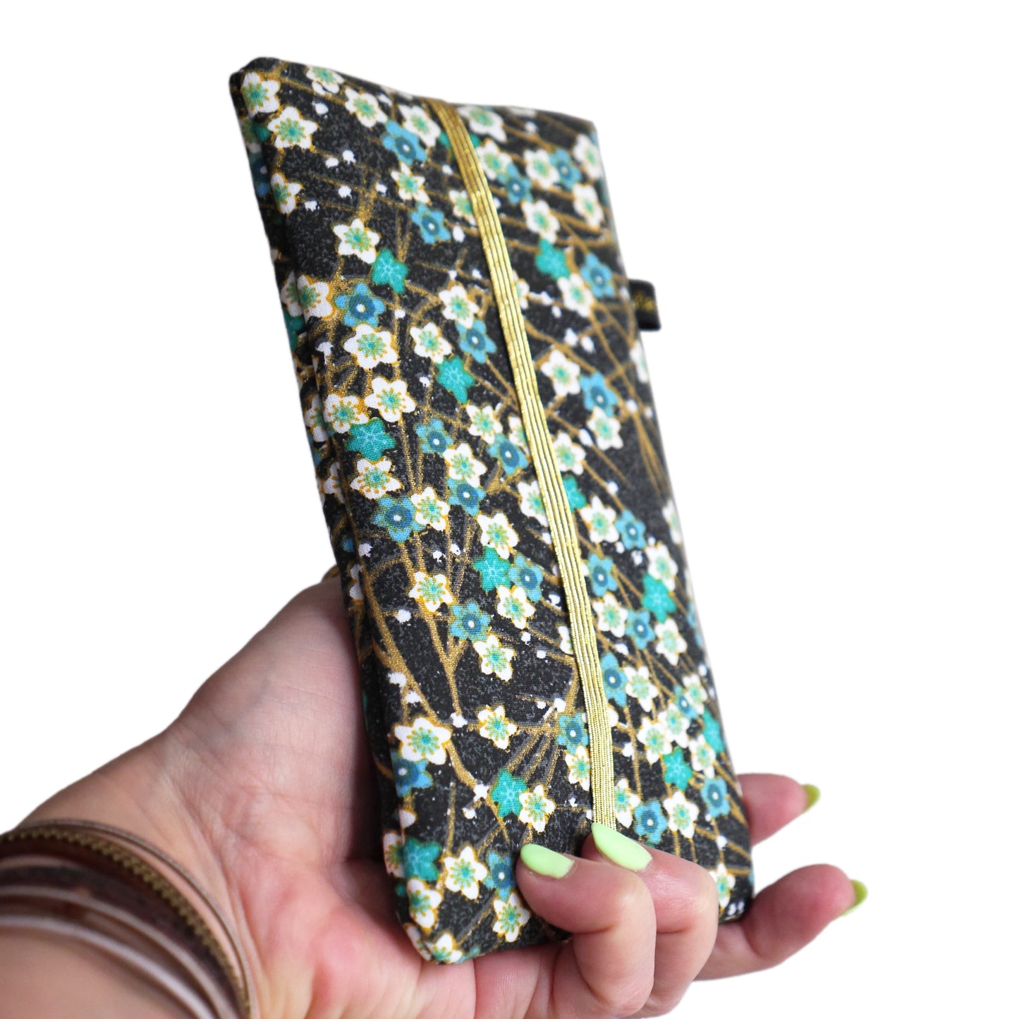 Housse tous téléphones taille au choix tissu fleurs de cerisier bleu émeraude et doré élastique or
