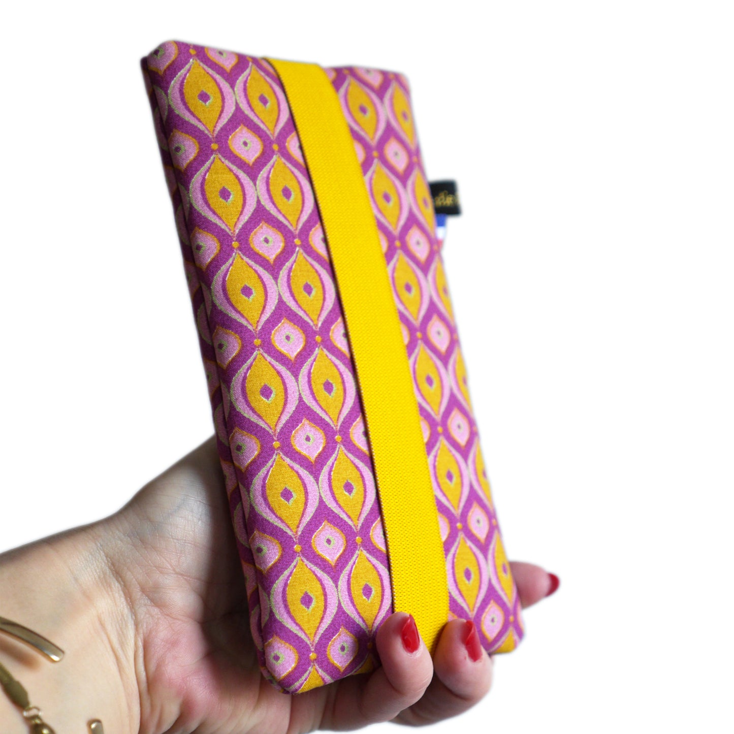 Housse universelle téléphone portable tissu motifs vintage géométrique rose et jaune fermeture élastique taille au choix