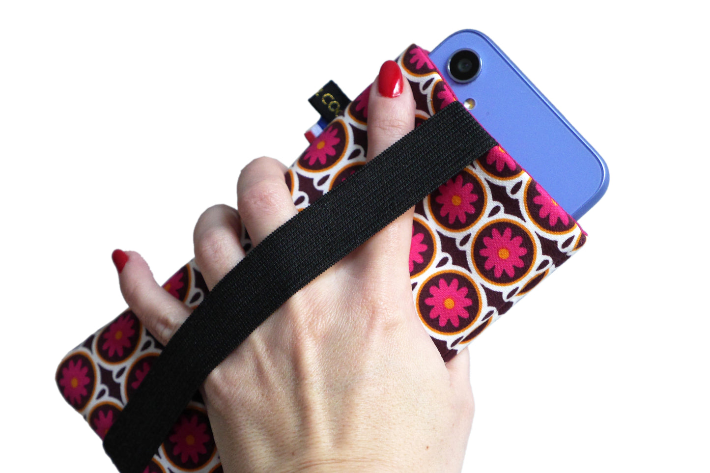 Universal mobile phone case fabric small fuchsia geometric flowers elastic gold size of your choice