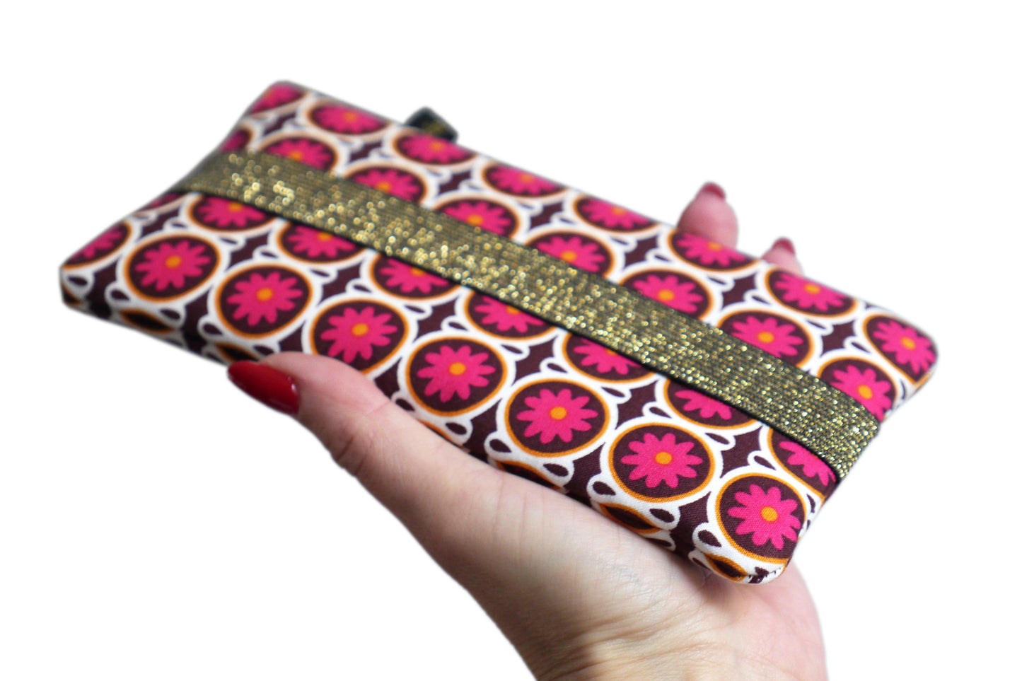 Universal mobile phone case fabric small fuchsia geometric flowers elastic gold size of your choice