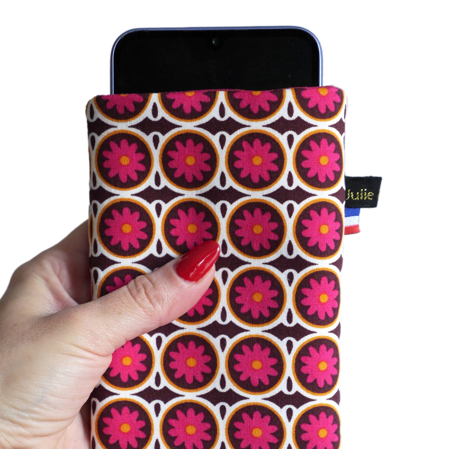 Universal mobile phone case fabric small fuchsia geometric flowers elastic gold size of your choice