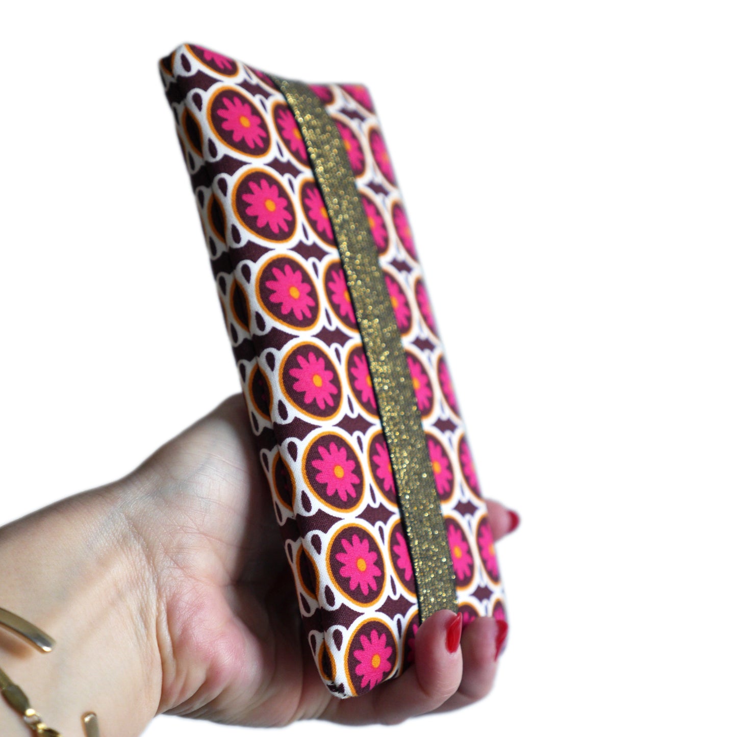 Universal mobile phone case fabric small fuchsia geometric flowers elastic gold size of your choice