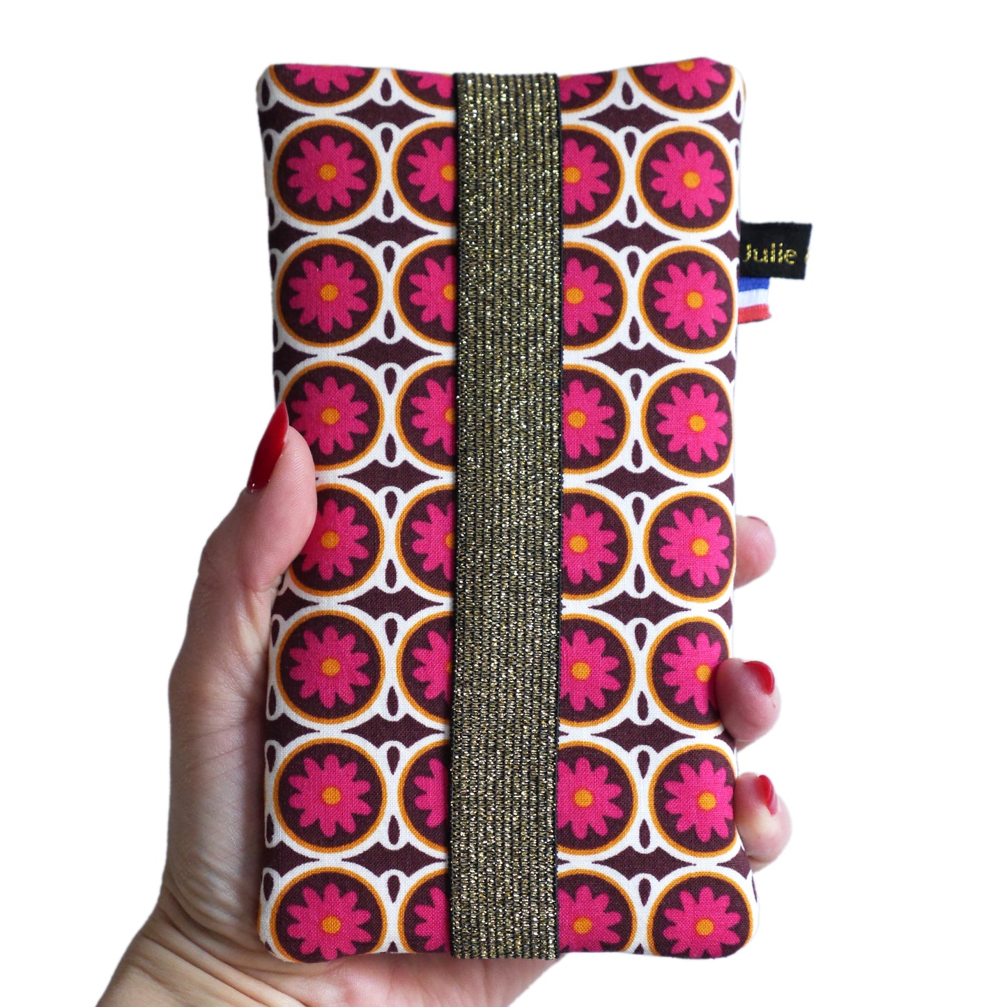 Universal mobile phone case fabric small fuchsia geometric flowers elastic gold size of your choice
