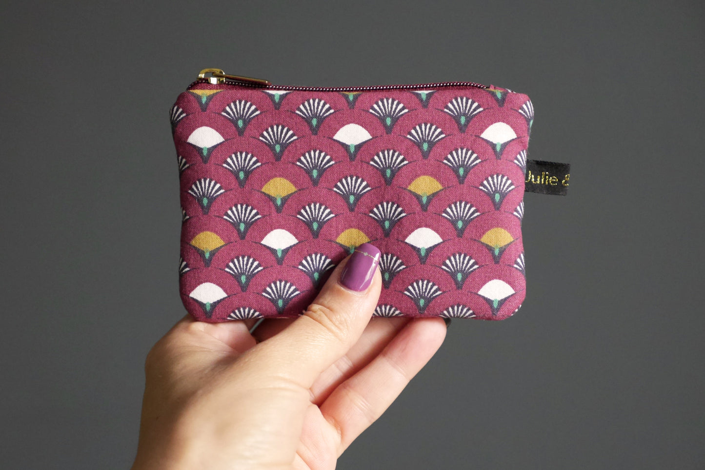 Mini porte-monnaie femme format carte de crédit tissu éventail japonais rouge grenat zip accessoire sac