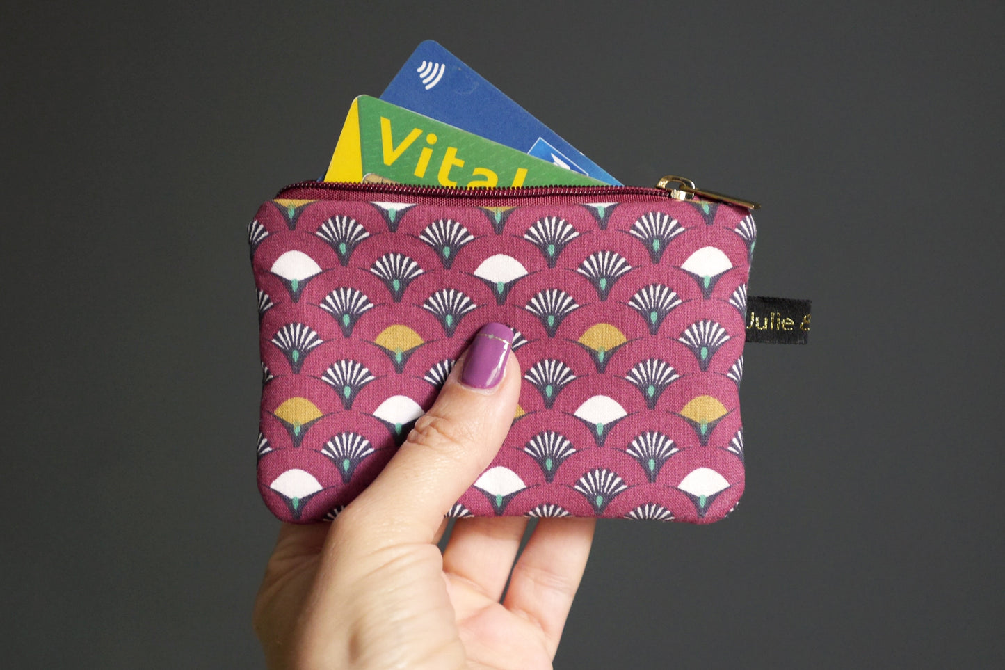 Mini porte-monnaie femme format carte de crédit tissu éventail japonais rouge grenat zip accessoire sac