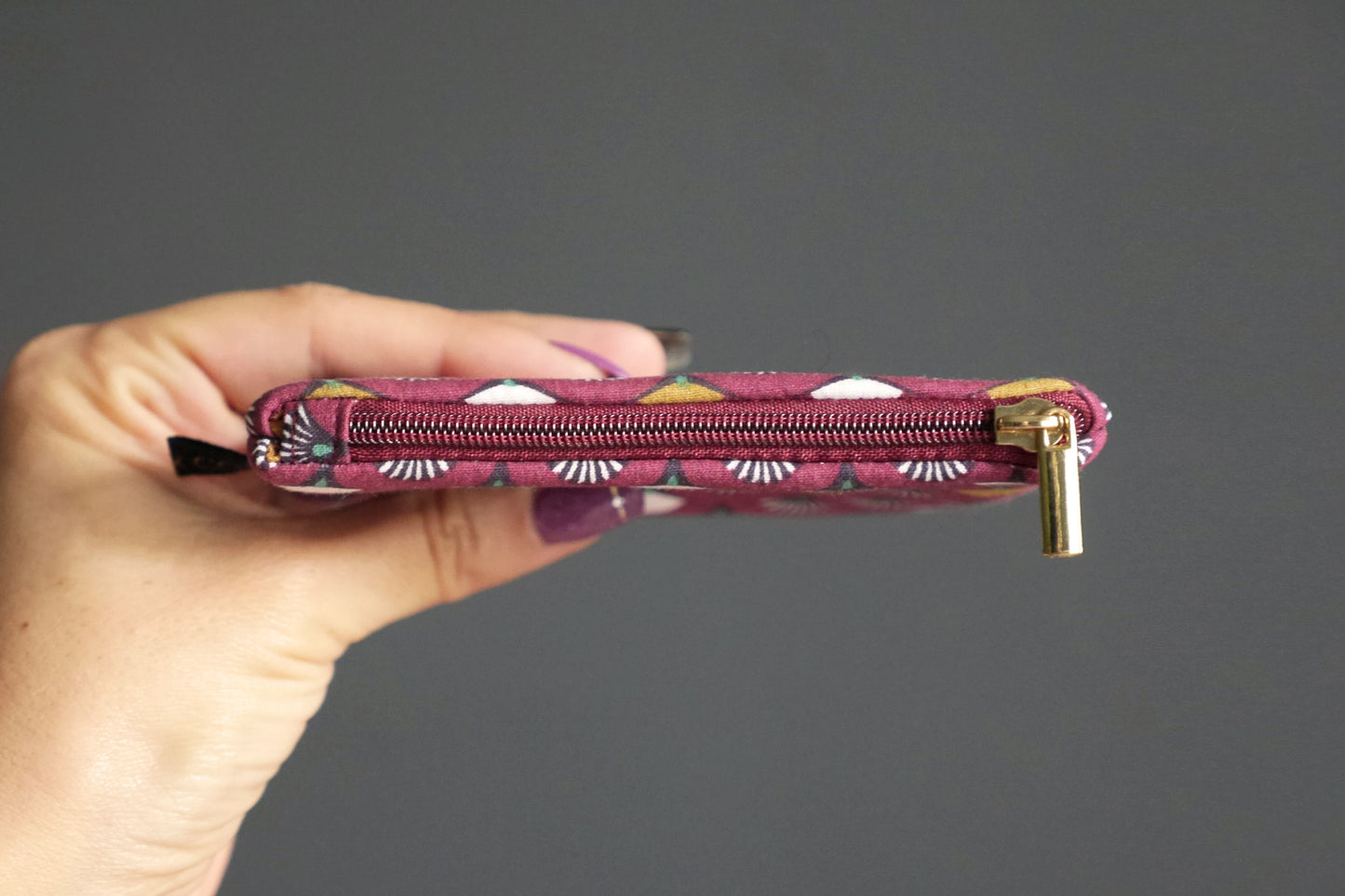Mini porte-monnaie femme format carte de crédit tissu éventail japonais rouge grenat zip accessoire sac