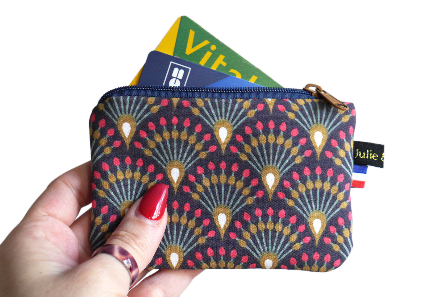 Mini purse in colorful fabric blue fans turquoise zip