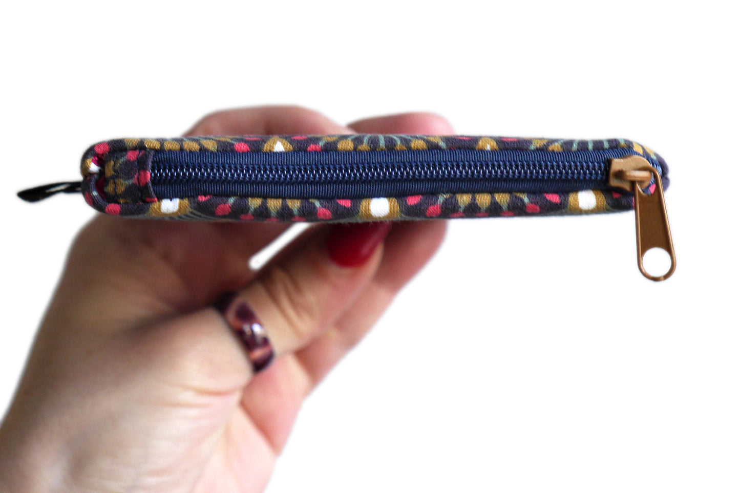 Mini purse in colorful fabric blue fans turquoise zip