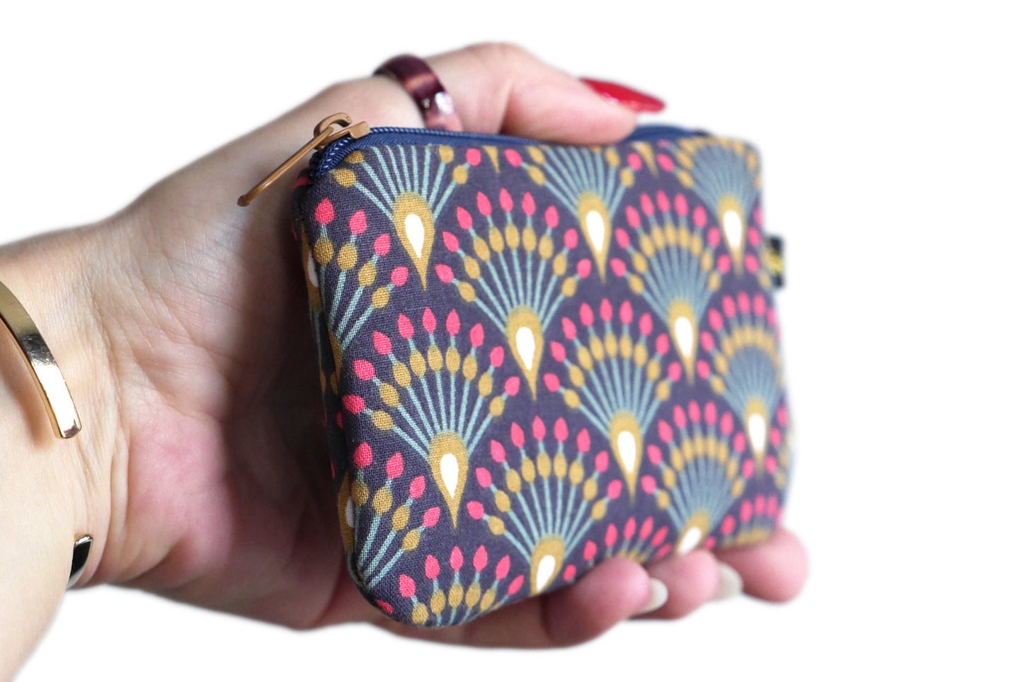 Mini purse in colorful fabric blue fans turquoise zip