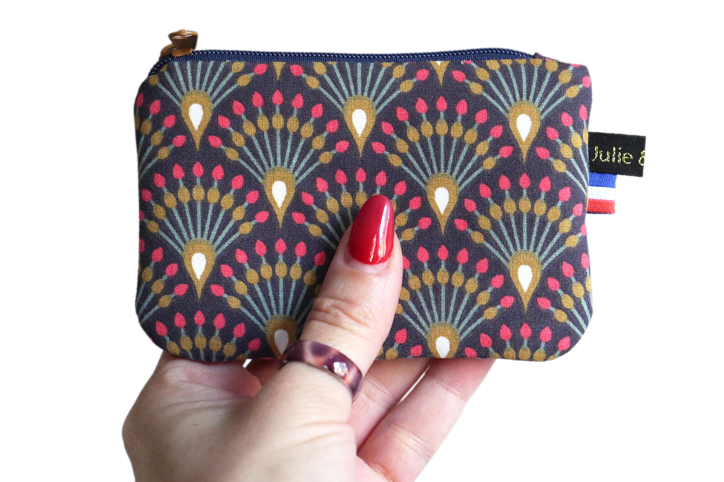 Mini purse in colorful fabric blue fans turquoise zip