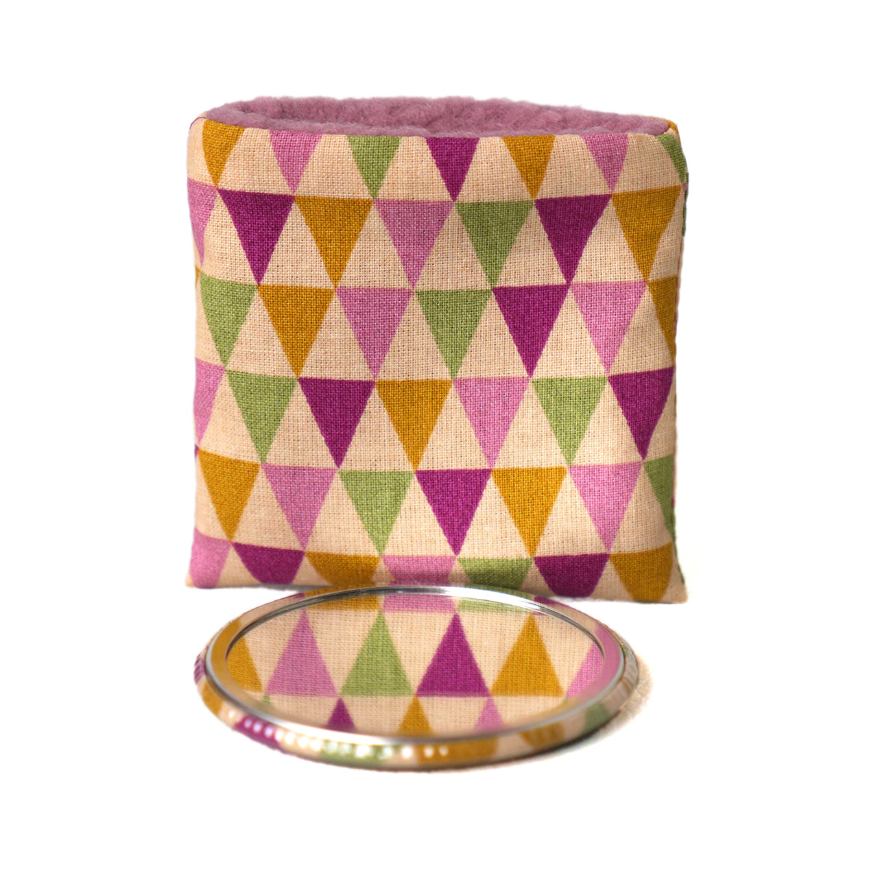 56mm round pocket mirror and its fabric case with geometric shapes and colored triangles