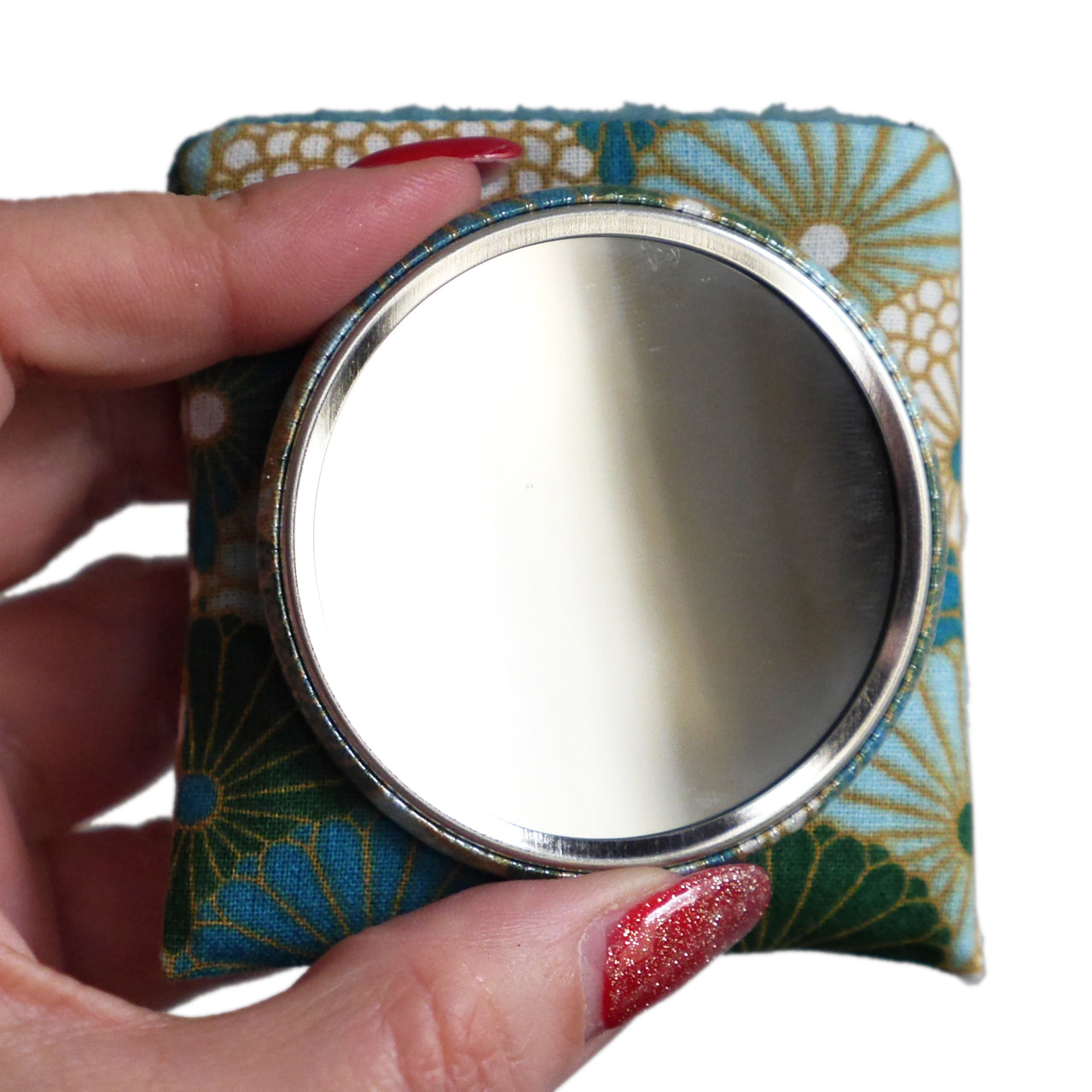 Miroir de poche rond 56mm et son étui assorti en tissu motifs écailles fleurs bleu turquoise vert