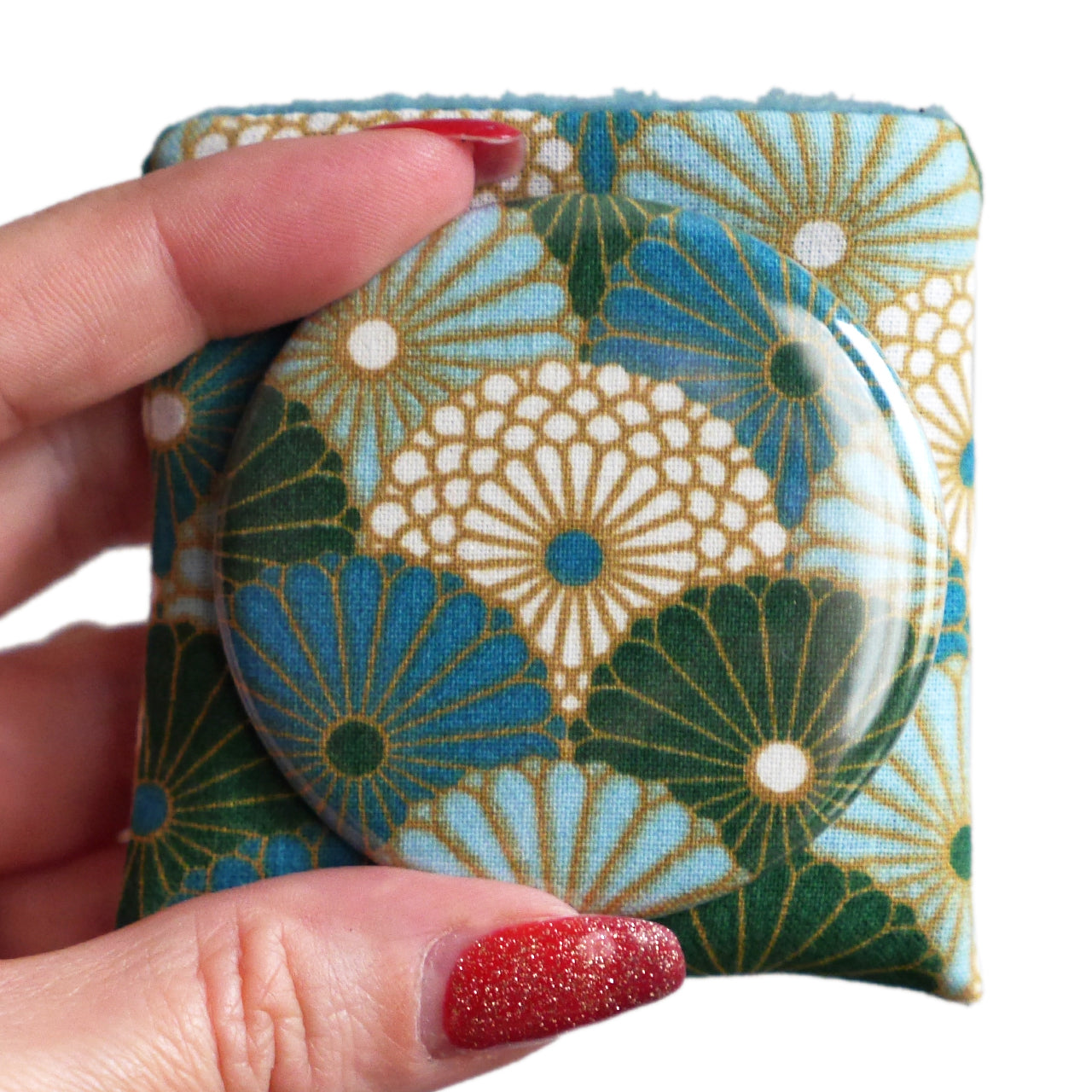 Miroir de poche rond 56mm et son étui assorti en tissu motifs écailles fleurs bleu turquoise vert